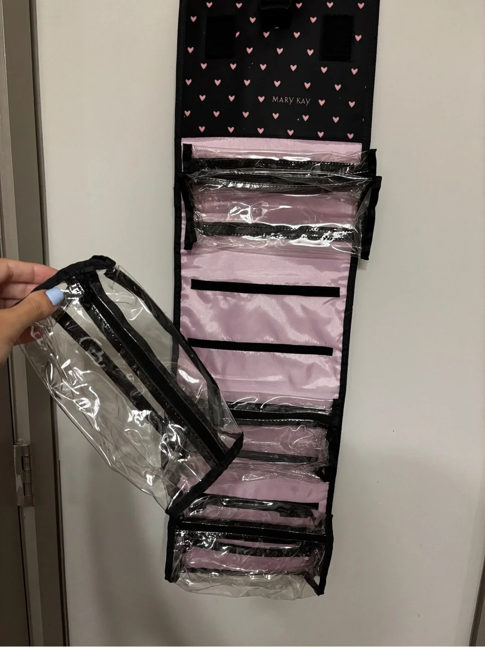 Mary Kay Black Cosmetic Bag with Pink Heart Print